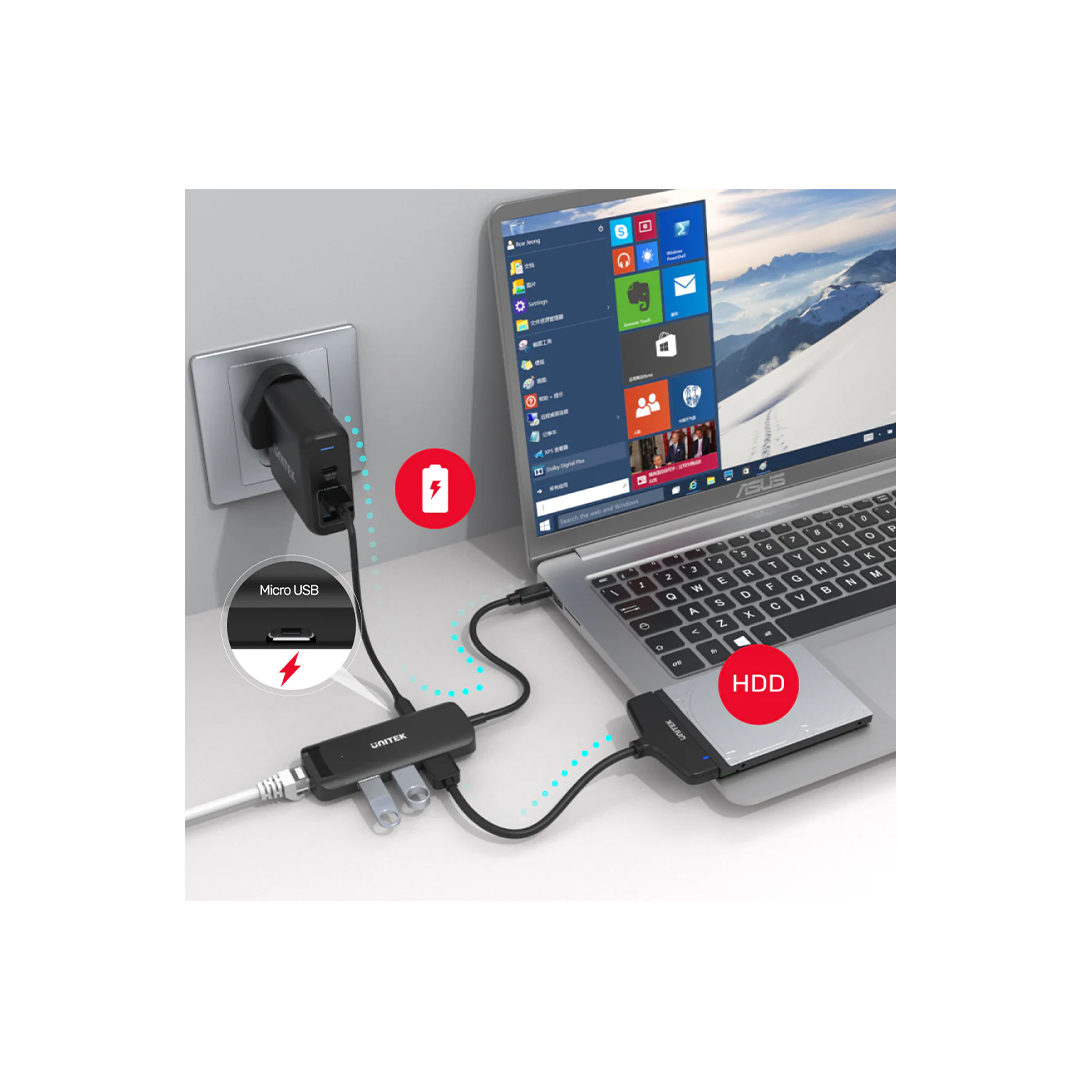 Unitek uHUB Q4+ 4-in-1 Powered USB-C Ethernet Hub in Qatar Unitek uHUB Q4+ 4-in-1 Powered USB-C Ethernet Hub in Qatar